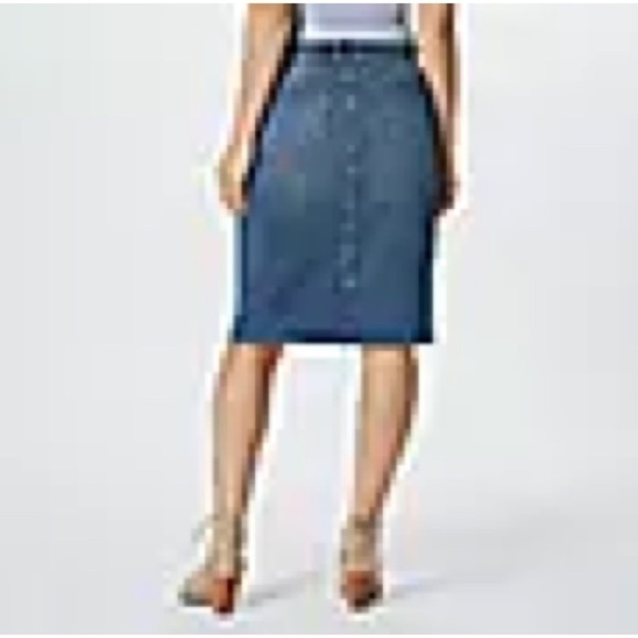 NYDJ Denim Midi Skirt Size 8 Front Patch- Clean Seline Knee Length Blue Stretch - Picture 2 of 8
